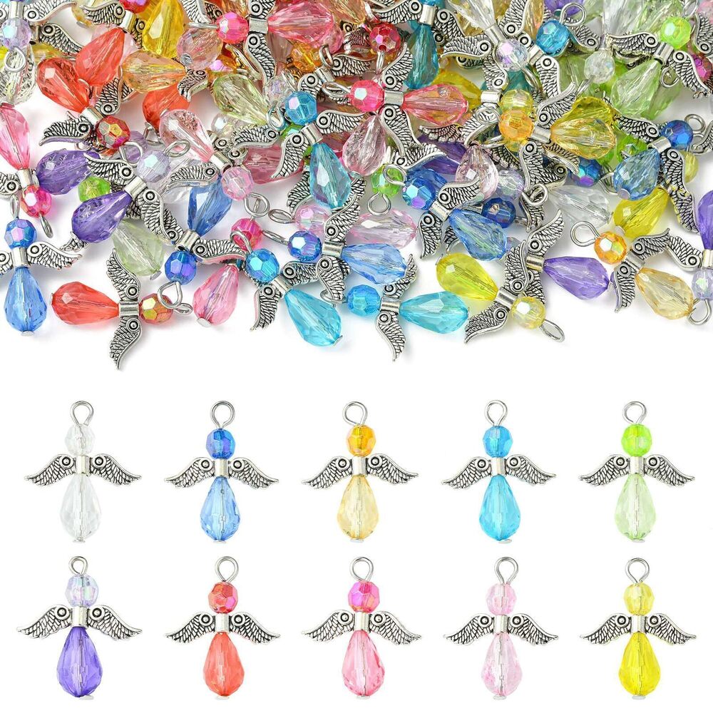 9433 100Pcs 10 Style Faceted Angel Wing Charms Colorful Teardrop Fairy